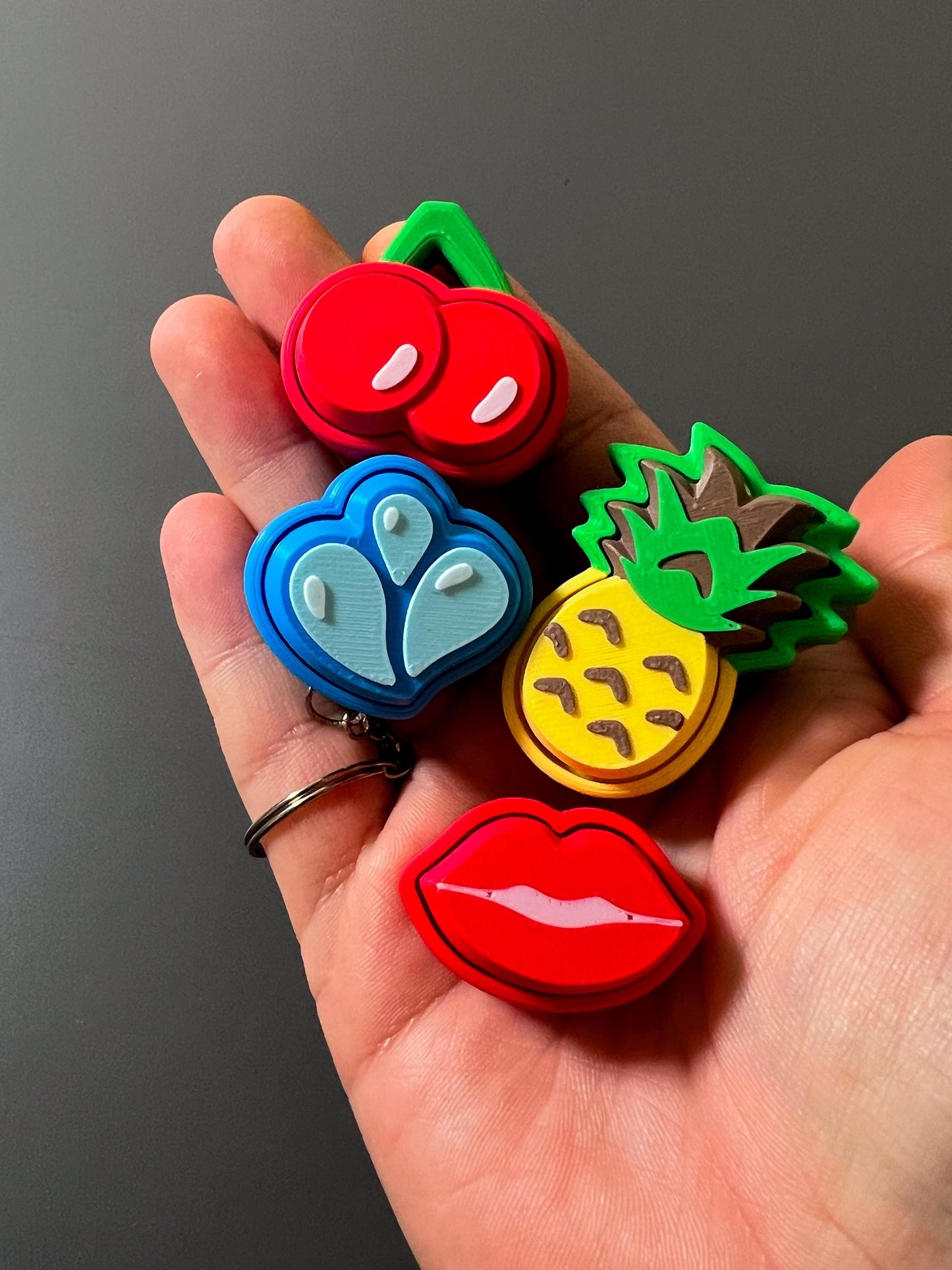 Fruit Popz Clicker Set  ADHD, Autism Sensory Toy for Focus & Stress Relief, Cherry, Pineapple, Waterdrop, Lips  3D Printed Popper Keychain