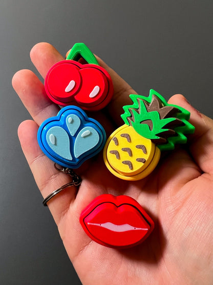 Fruit Popz Clicker Set  ADHD, Autism Sensory Toy for Focus & Stress Relief, Cherry, Pineapple, Waterdrop, Lips  3D Printed Popper Keychain